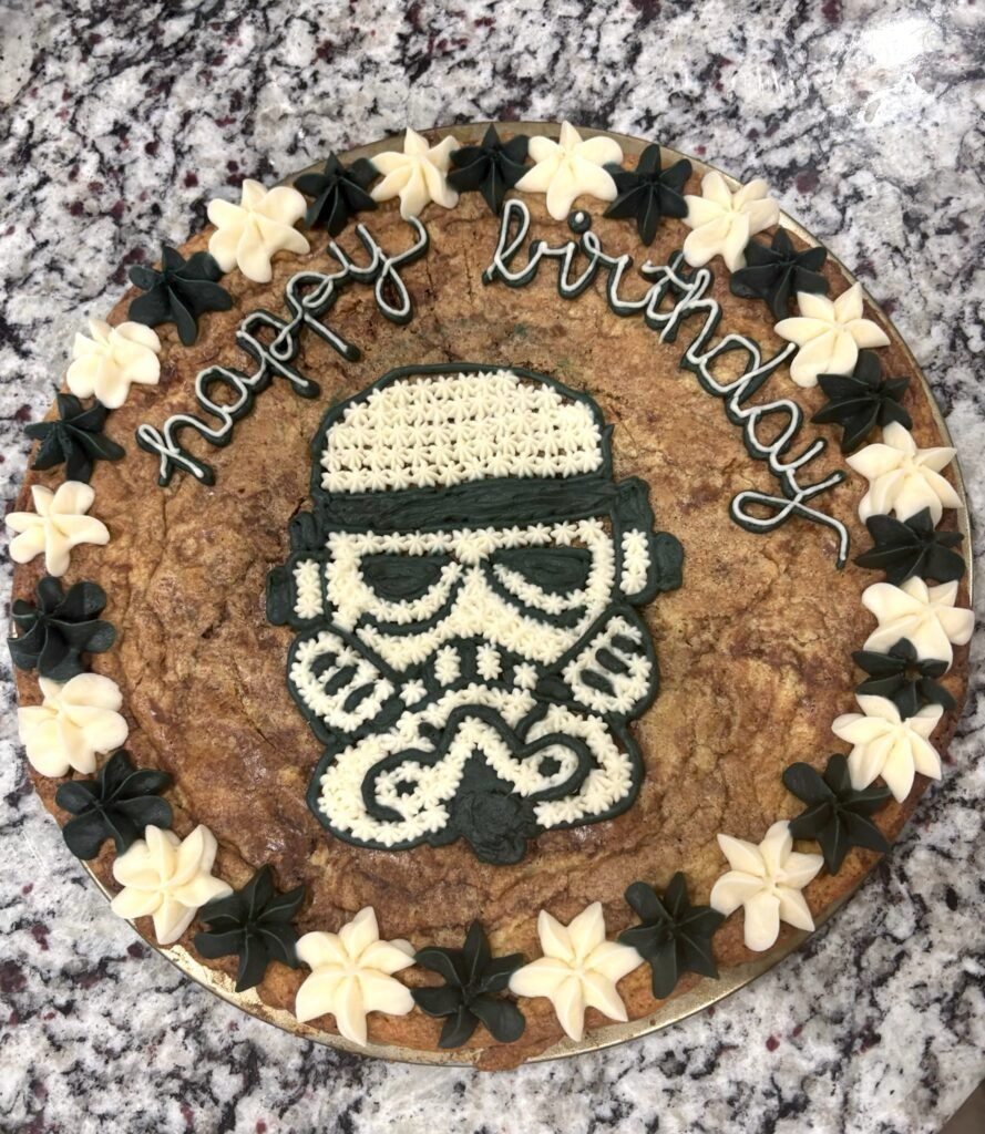 Close up of decorated cookie cake